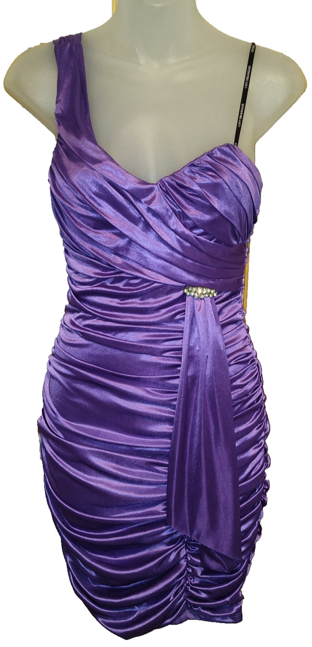 City Triangles Women’s Purple Satin One Shoulder Ruched Dress Size S BG27